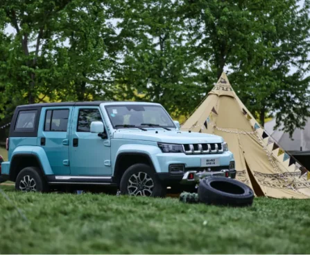 An SUV or modified car is camping in the wild